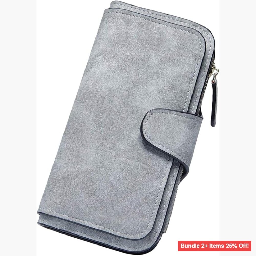 Slim PU Leather Bifold Wallet with 14 Card Slots and Zipper Pocket